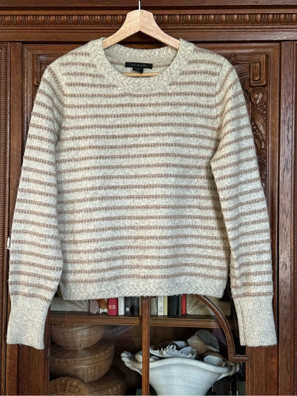 Tahari Cream & Tan Striped Crewneck Sweater